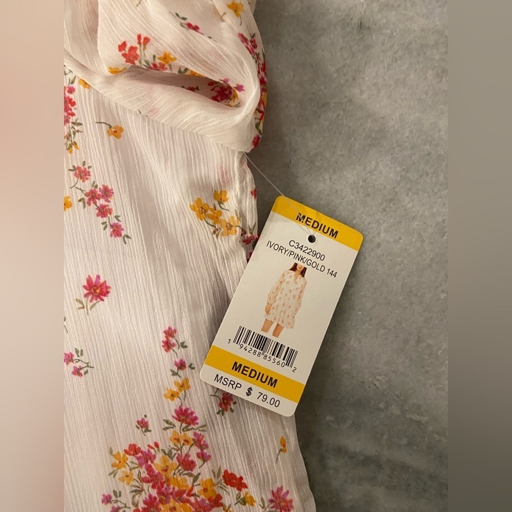 NWT Vince Camuto Size M White Floral Ruffle Flowy Long Sleeve Sheer Mini Dress - Picture 12 of 14